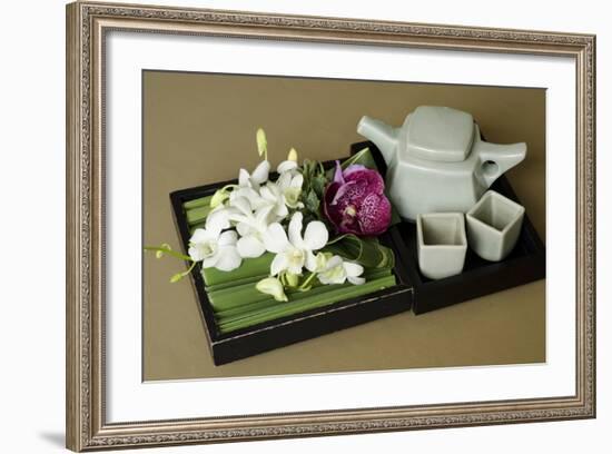Traditional Thai Tea Pot and Cups with Orchid Arrangement, Bangkok, Thailand-Cindy Miller Hopkins-Framed Photographic Print