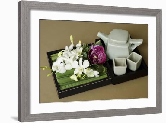 Traditional Thai Tea Pot and Cups with Orchid Arrangement, Bangkok, Thailand-Cindy Miller Hopkins-Framed Photographic Print