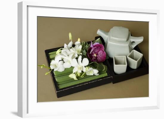 Traditional Thai Tea Pot and Cups with Orchid Arrangement, Bangkok, Thailand-Cindy Miller Hopkins-Framed Photographic Print
