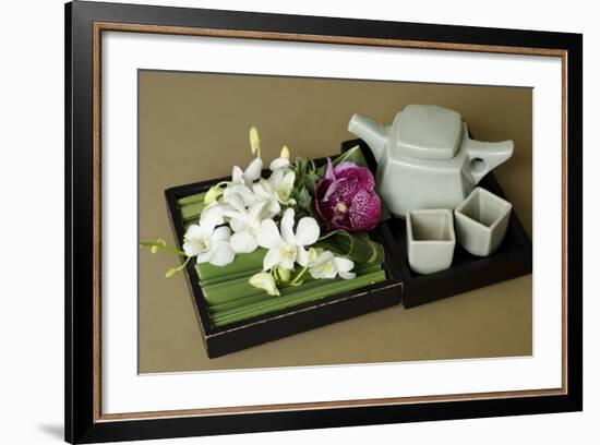 Traditional Thai Tea Pot and Cups with Orchid Arrangement, Bangkok, Thailand-Cindy Miller Hopkins-Framed Photographic Print