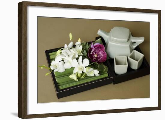 Traditional Thai Tea Pot and Cups with Orchid Arrangement, Bangkok, Thailand-Cindy Miller Hopkins-Framed Photographic Print