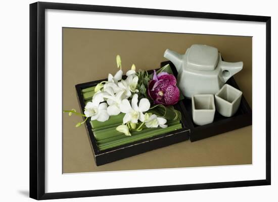 Traditional Thai Tea Pot and Cups with Orchid Arrangement, Bangkok, Thailand-Cindy Miller Hopkins-Framed Photographic Print