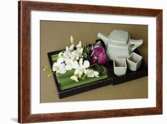 Traditional Thai Tea Pot and Cups with Orchid Arrangement, Bangkok, Thailand-Cindy Miller Hopkins-Framed Photographic Print