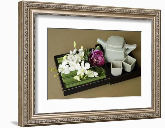 Traditional Thai Tea Pot and Cups with Orchid Arrangement, Bangkok, Thailand-Cindy Miller Hopkins-Framed Photographic Print