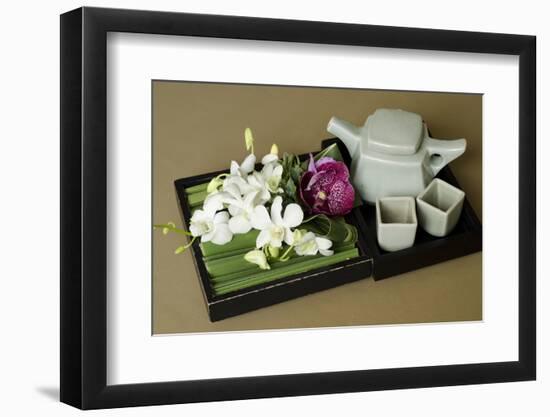 Traditional Thai Tea Pot and Cups with Orchid Arrangement, Bangkok, Thailand-Cindy Miller Hopkins-Framed Photographic Print