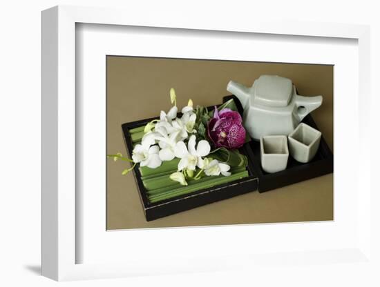 Traditional Thai Tea Pot and Cups with Orchid Arrangement, Bangkok, Thailand-Cindy Miller Hopkins-Framed Photographic Print