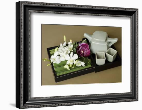 Traditional Thai Tea Pot and Cups with Orchid Arrangement, Bangkok, Thailand-Cindy Miller Hopkins-Framed Photographic Print