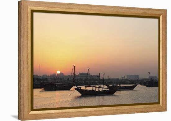 Traditional Wooden Dhow Boats in the Corniche Marina, at Sunset in Doha, Qatar, Middle East-Stuart-Framed Premier Image Canvas