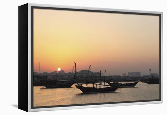 Traditional Wooden Dhow Boats in the Corniche Marina, at Sunset in Doha, Qatar, Middle East-Stuart-Framed Premier Image Canvas