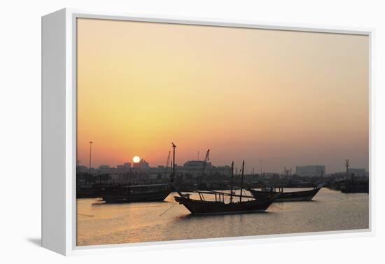 Traditional Wooden Dhow Boats in the Corniche Marina, at Sunset in Doha, Qatar, Middle East-Stuart-Framed Premier Image Canvas