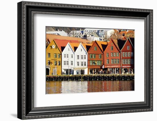 Traditional Wooden Hanseatic Merchants Buildings of the Bryggen, in Harbour, Bergen, Norway-Robert Harding-Framed Photographic Print