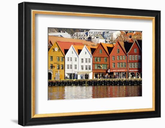 Traditional Wooden Hanseatic Merchants Buildings of the Bryggen, in Harbour, Bergen, Norway-Robert Harding-Framed Photographic Print