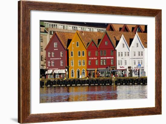 Traditional Wooden Hanseatic Merchants Buildings of the Bryggen, in Harbour, Bergen, Norway-Robert Harding-Framed Photographic Print