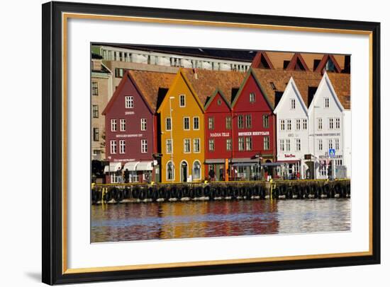 Traditional Wooden Hanseatic Merchants Buildings of the Bryggen, in Harbour, Bergen, Norway-Robert Harding-Framed Photographic Print