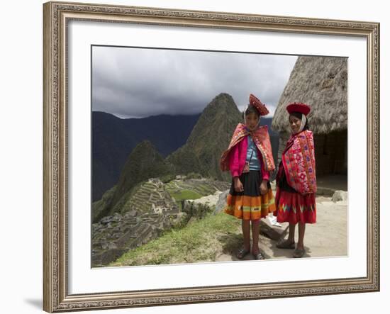 Traditionally Dressed Children by Machu Picchu, UNESCO World Heritage Site, Vilcabamba Mtns, Peru-Simon Montgomery-Framed Photographic Print