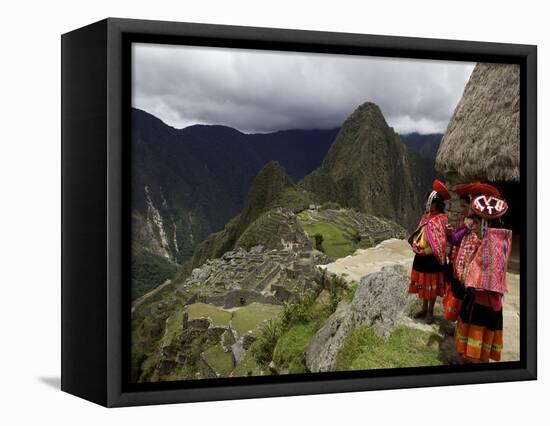 Traditionally Dressed Children Looking over the Ruins of Machu Picchu, UNESCO World Heritage Site, -Simon Montgomery-Framed Premier Image Canvas