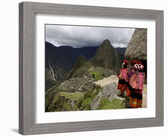 Traditionally Dressed Children Looking over the Ruins of Machu Picchu, UNESCO World Heritage Site, -Simon Montgomery-Framed Photographic Print