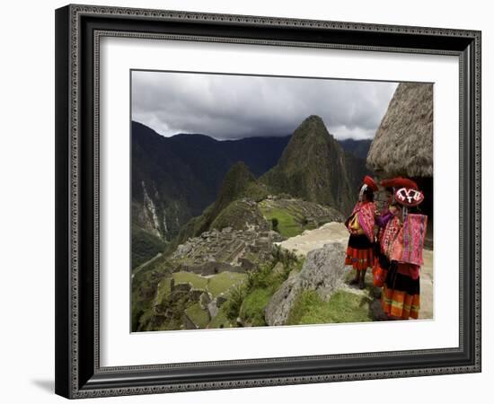 Traditionally Dressed Children Looking over the Ruins of Machu Picchu, UNESCO World Heritage Site, -Simon Montgomery-Framed Photographic Print