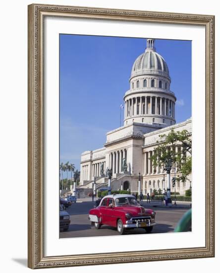 Traditonal Old American Cars Passing the Capitolio Building, Havana, Cuba, West Indies, Caribbean-Martin Child-Framed Photographic Print