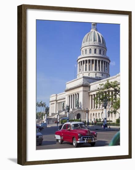 Traditonal Old American Cars Passing the Capitolio Building, Havana, Cuba, West Indies, Caribbean-Martin Child-Framed Photographic Print