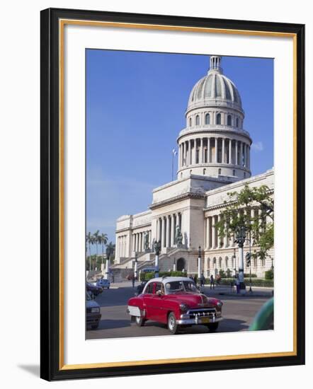 Traditonal Old American Cars Passing the Capitolio Building, Havana, Cuba, West Indies, Caribbean-Martin Child-Framed Photographic Print