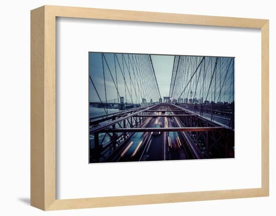 Traffic at Brooklyn Bridge, rainy evening, skyline of Manhattan, New York, USA-Andrea Lang-Framed Photographic Print