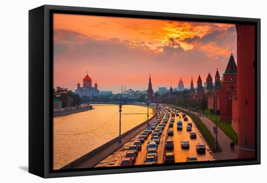 Traffic at Sunset near Kremlin Wall in Moscow, Russia.-logoboom-Framed Premier Image Canvas