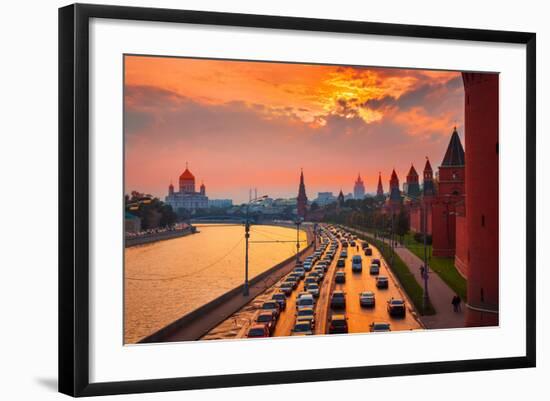 Traffic at Sunset near Kremlin Wall in Moscow, Russia.-logoboom-Framed Photographic Print