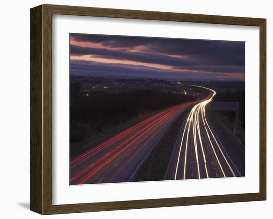 Traffic Light Trails in the Evening on the M1 Motorway Near Junction 28, Derbyshire, England, UK-Neale Clarke-Framed Photographic Print