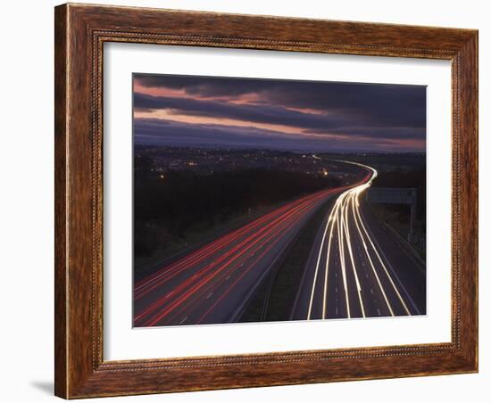 Traffic Light Trails in the Evening on the M1 Motorway Near Junction 28, Derbyshire, England, UK-Neale Clarke-Framed Photographic Print