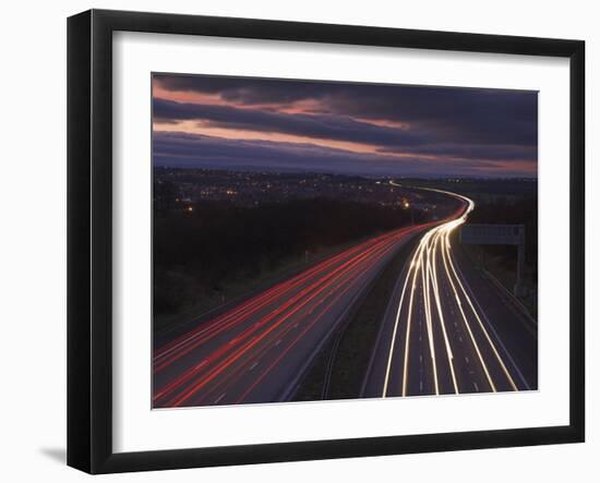 Traffic Light Trails in the Evening on the M1 Motorway Near Junction 28, Derbyshire, England, UK-Neale Clarke-Framed Photographic Print