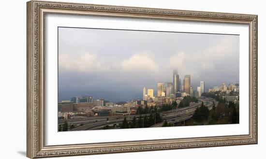 Traffic on elevated downtown roads with skyscrapers in background, Seattle, Washington, USA-Panoramic Images-Framed Photographic Print