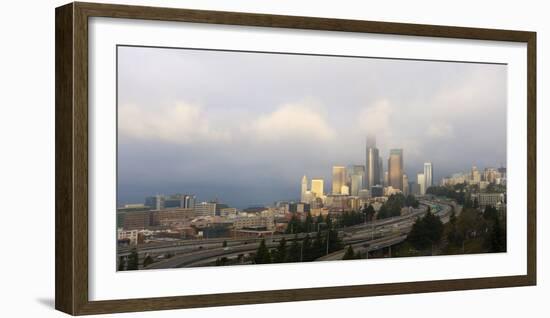 Traffic on elevated downtown roads with skyscrapers in background, Seattle, Washington, USA-Panoramic Images-Framed Photographic Print