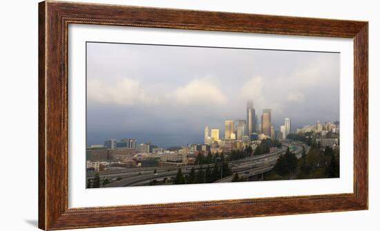 Traffic on elevated downtown roads with skyscrapers in background, Seattle, Washington, USA-Panoramic Images-Framed Photographic Print