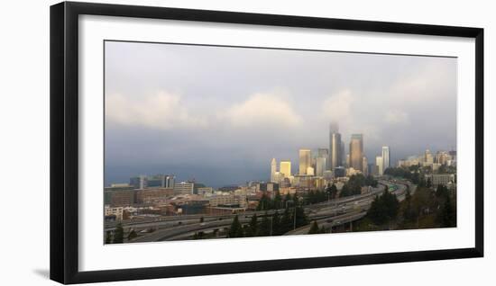 Traffic on elevated downtown roads with skyscrapers in background, Seattle, Washington, USA-Panoramic Images-Framed Photographic Print