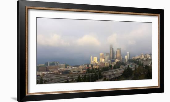 Traffic on elevated downtown roads with skyscrapers in background, Seattle, Washington, USA-Panoramic Images-Framed Photographic Print