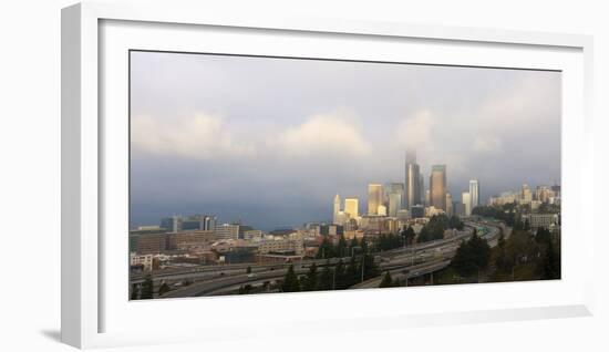 Traffic on elevated downtown roads with skyscrapers in background, Seattle, Washington, USA-Panoramic Images-Framed Photographic Print