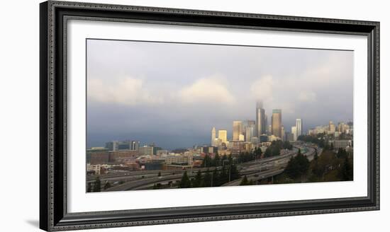 Traffic on elevated downtown roads with skyscrapers in background, Seattle, Washington, USA-Panoramic Images-Framed Photographic Print