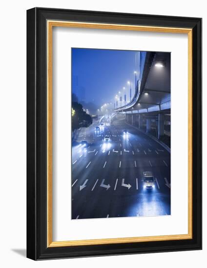 Traffic on Foggy Winter Night, Shanghai, China-Paul Souders-Framed Photographic Print