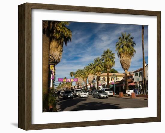 Traffic on Road with Palm Trees at the Roadside, South Palm Canyon Drive, Palm Springs-null-Framed Photographic Print