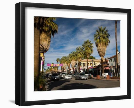 Traffic on Road with Palm Trees at the Roadside, South Palm Canyon Drive, Palm Springs-null-Framed Photographic Print