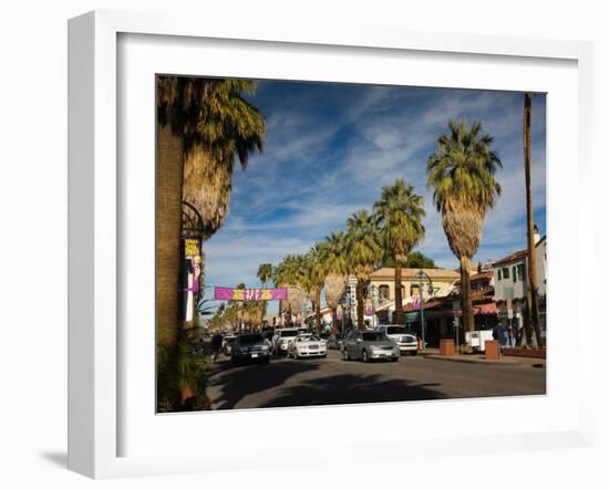 Traffic on Road with Palm Trees at the Roadside, South Palm Canyon Drive, Palm Springs-null-Framed Photographic Print