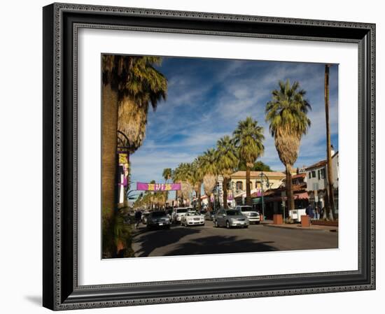 Traffic on Road with Palm Trees at the Roadside, South Palm Canyon Drive, Palm Springs-null-Framed Photographic Print