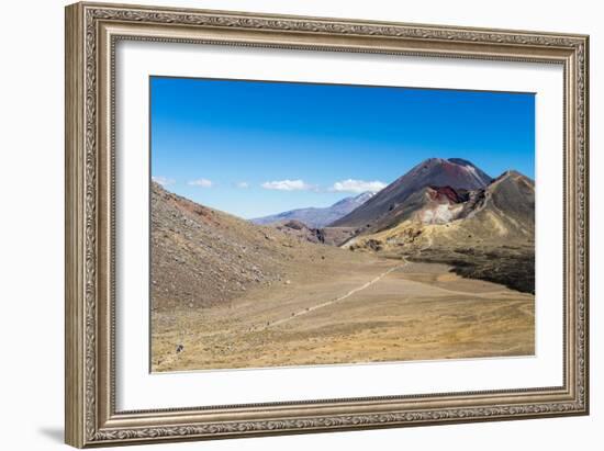 Trail hikers and Mount Ngauruhoe, Tongariro Nat'l Park, UNESCO World Heritage, New Zealand-Logan Brown-Framed Photographic Print