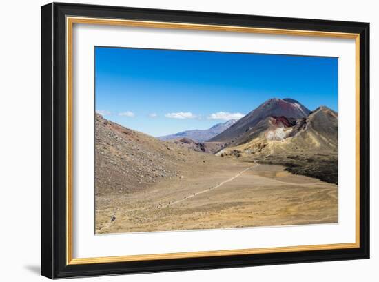 Trail hikers and Mount Ngauruhoe, Tongariro Nat'l Park, UNESCO World Heritage, New Zealand-Logan Brown-Framed Photographic Print