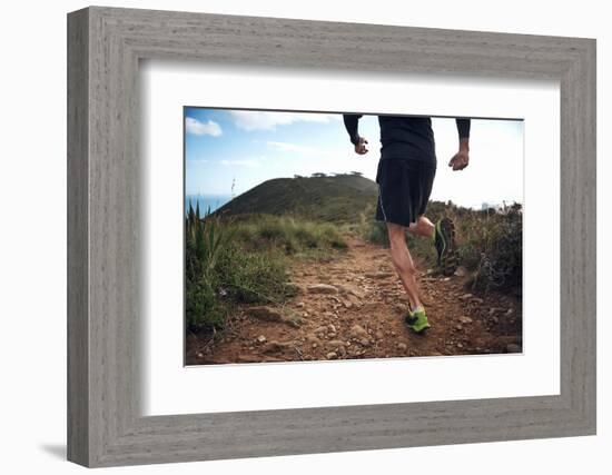 Trail Running Athlete Exercising for Fitness and Health Outdoors on Mountain Pathway-warrengoldswain-Framed Photographic Print