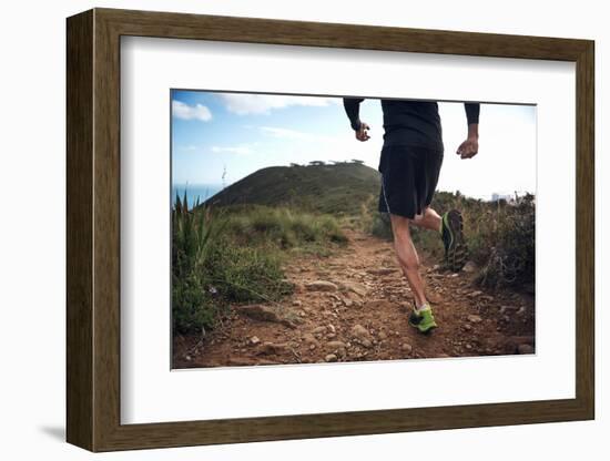 Trail Running Athlete Exercising for Fitness and Health Outdoors on Mountain Pathway-warrengoldswain-Framed Photographic Print