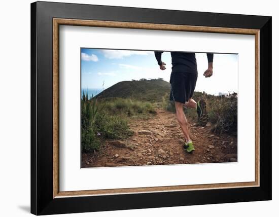 Trail Running Athlete Exercising for Fitness and Health Outdoors on Mountain Pathway-warrengoldswain-Framed Photographic Print
