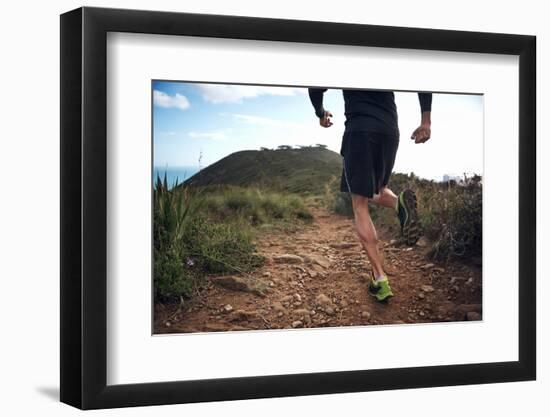 Trail Running Athlete Exercising for Fitness and Health Outdoors on Mountain Pathway-warrengoldswain-Framed Photographic Print