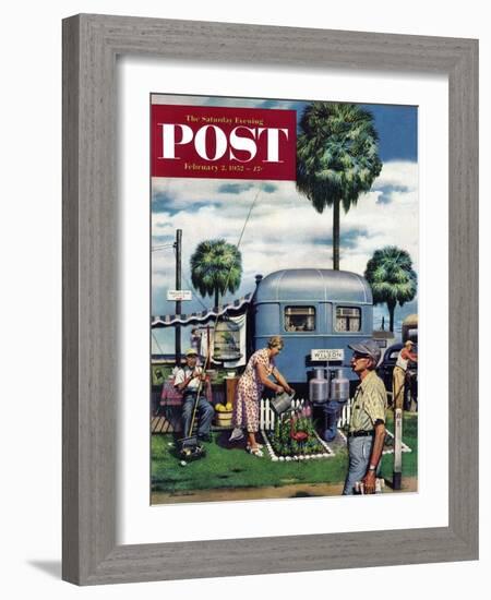 "Trailer Park Garden" Saturday Evening Post Cover, February 2, 1952-Stevan Dohanos-Framed Giclee Print